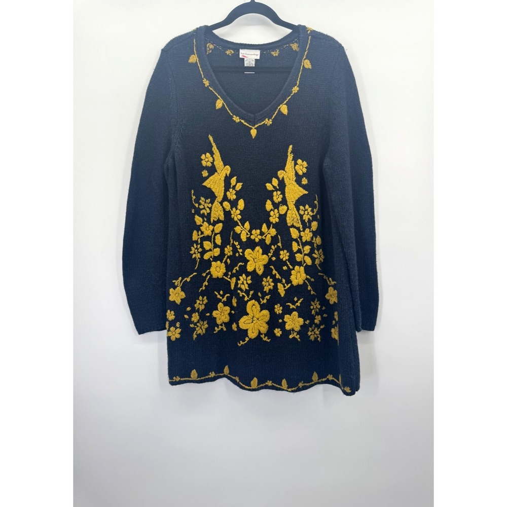 Soft Surroundings 1X Angora Wool V-Neck Floral Embroidered Knit Sweater Heritage